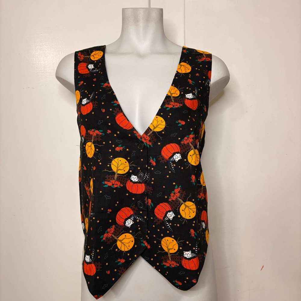 Vintage Y2K Basic Editions Halloween Cat Pumpkin Patch Cotton Vest